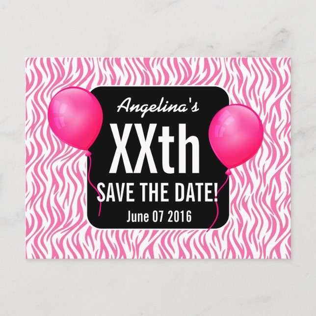 Pink Zebra and Balloons Any Year Birthday B03M Announcement Postcard (Front)