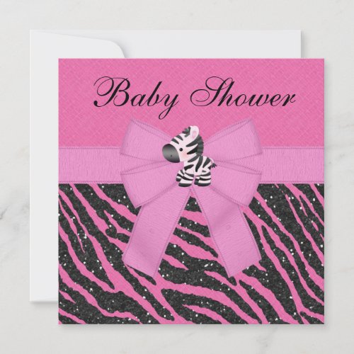 Pink Zebra  Animal Print Faux Glitter Baby Shower Invitation