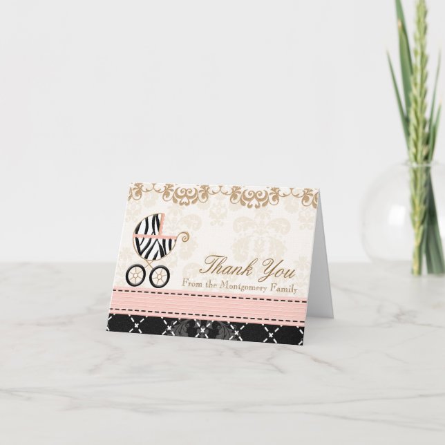 Pink Zebra Baby Carriage Shower Thank You Notes (Front)