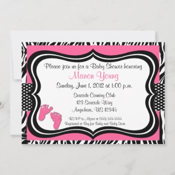 Pink Zebra Baby Feet Print Baby Shower Invitation by mybabytee at Zazzle