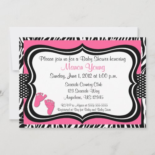 Pink Zebra Baby Feet Print Baby Shower Invitation