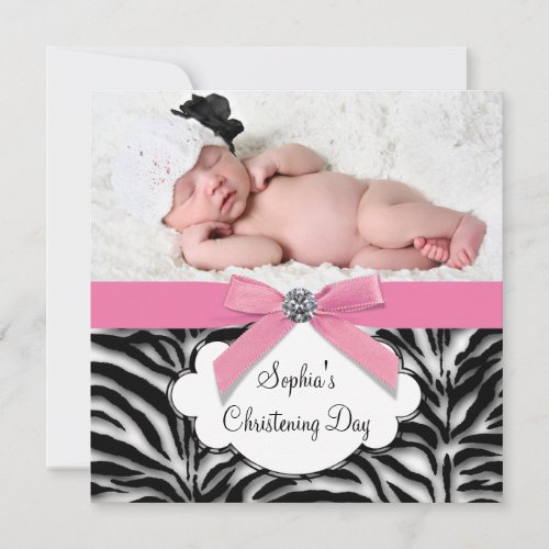 Pink Zebra Baby Girl Photo Christening Personalized Announcement