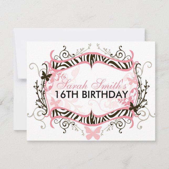 Pink Zebra Birthday Invitation (Front)