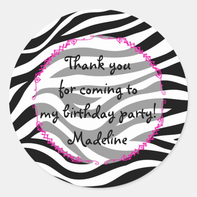 Pink Zebra Birthday Party Favor Classic Round Sticker (Front)