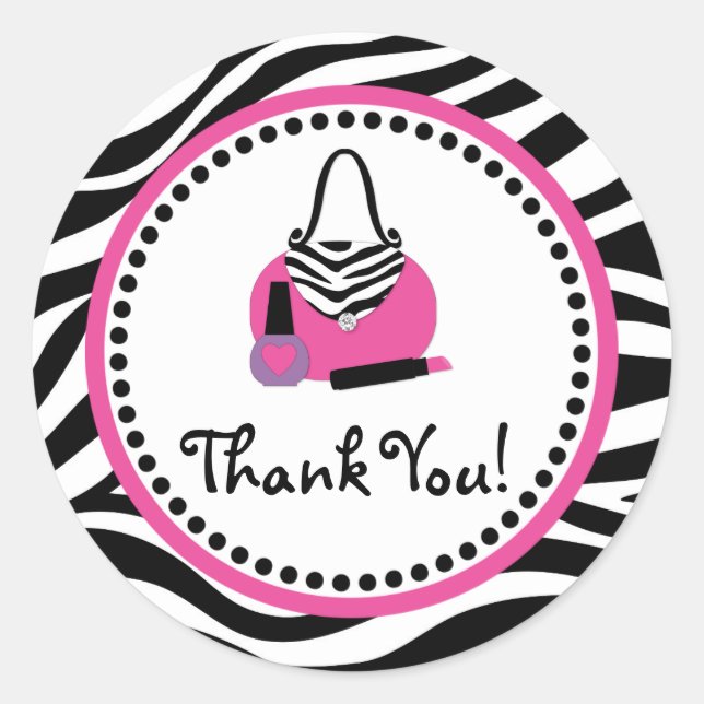 Pink Zebra Birthday Spa Diva Party Favor Classic Round Sticker (Front)