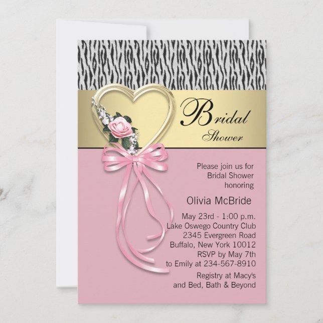 Pink Zebra Black Gold Zebra Bridal Shower Invitation (Front)