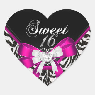 Pink Zebra Black Sweet Sixteen 16 Birthday Party Heart Sticker