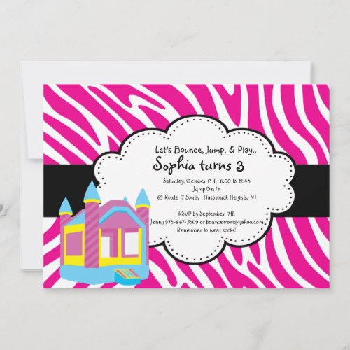 Pink Zebra Bounce House Party Invitation