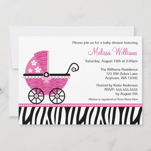 Pink Zebra Carriage Girl Baby Shower Invitations