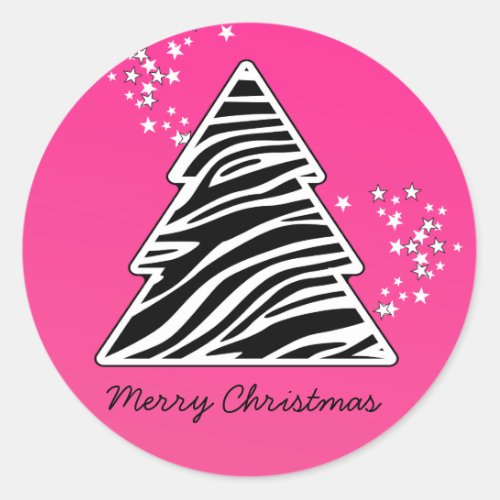 Pink zebra Christmas Tree Classic Round Sticker
