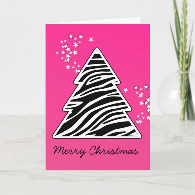 Pink Zebra Christmas Tree Holiday Card (Front)