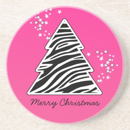 Pink zebra Christmas Tree Sandstone Coaster