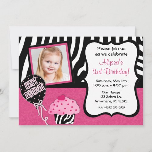 Pink Zebra Cupcake Girls Birthday Invitation