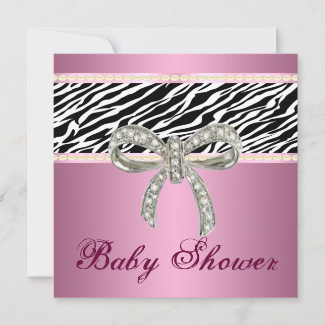 Pink Zebra Diamond Bow Baby Shower Invitation (Front)