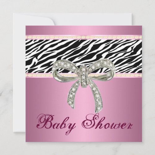 Pink Zebra Diamond Bow Baby Shower Invitation