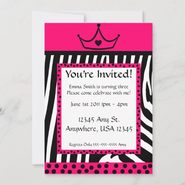 Pink Zebra Diva Birthday Invitation (Front)