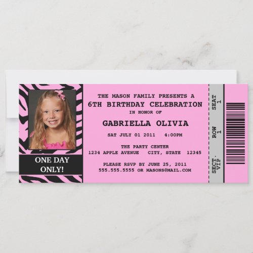 Pink Zebra Event Ticket Birthday Party Invitation