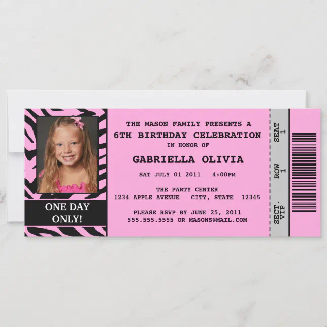 Pink Zebra Event Ticket Birthday Party Invitation Zazzle