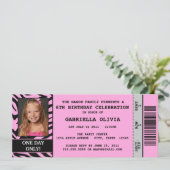 Pink Zebra Event Ticket Birthday Party Invitation (Standing Front)