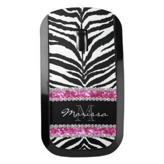 Pink Zebra Faux Glitter Bling Monogrammed Girly Wireless Mouse
