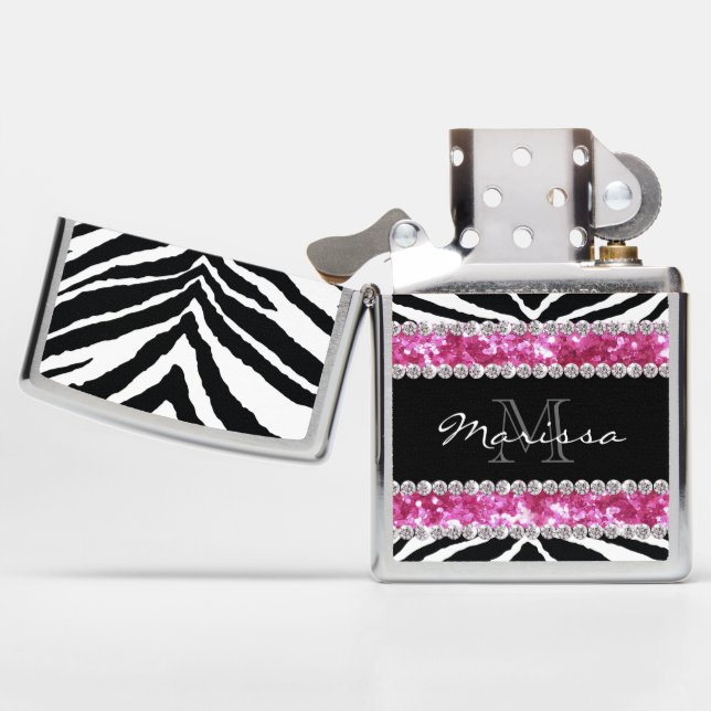 Pink Zebra Faux Glitter Bling Monogrammed Womens Zippo Lighter (Opened)