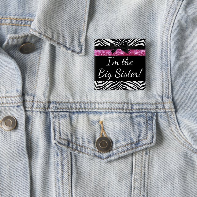Pink Zebra Girl New Baby Shower Big Sister Name Button (In Situ)