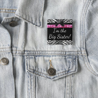 Pink Zebra Girl New Baby Shower Big Sister Name Button