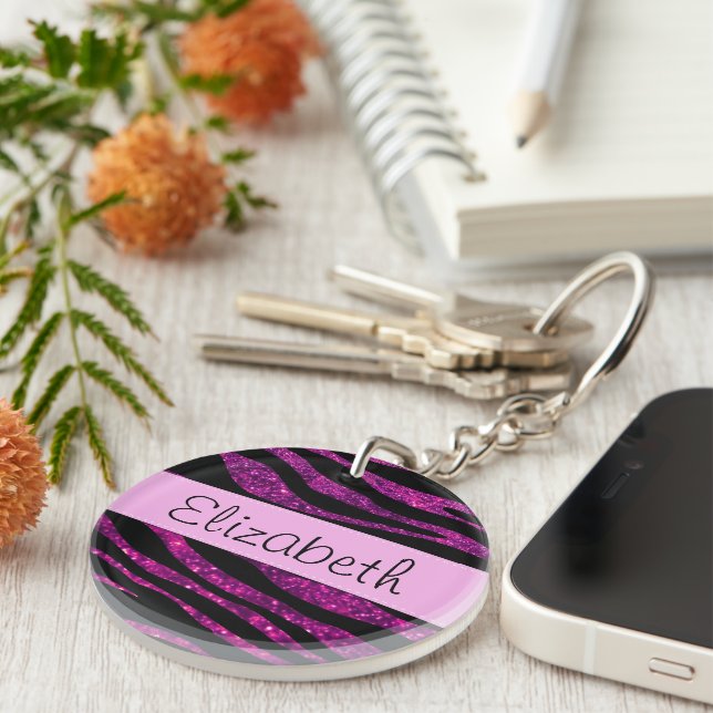 Pink Zebra, Glitter Zebra, Zebra Print, Your Name Keychain (Front Right)