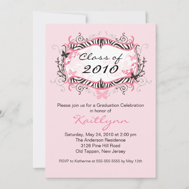Pink Zebra Graduation Invitation (Front)