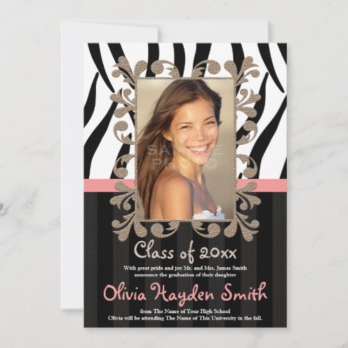 Pink Zebra Graduation Photo Announcement Invite