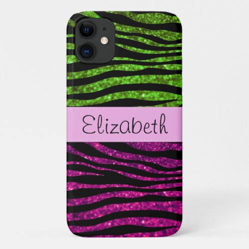 Pink Zebra Green Zebra Glitter Zebra Your Name iPhone 11 Case
