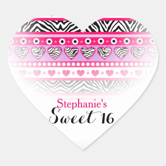 Pink zebra heart Sweet 16 Party sticker (Front)