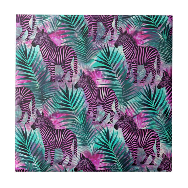 Pink Zebra Jungle Tropical Pattern Ceramic Tile (Front)