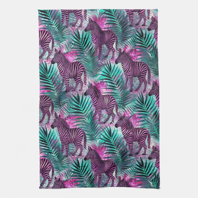 Pink Zebra Jungle Tropical Pattern Kitchen Towel (Vertical)