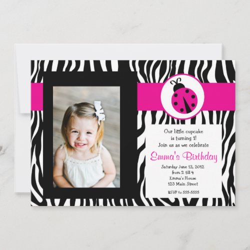 Pink Zebra Lady Bug Birthday Invitation