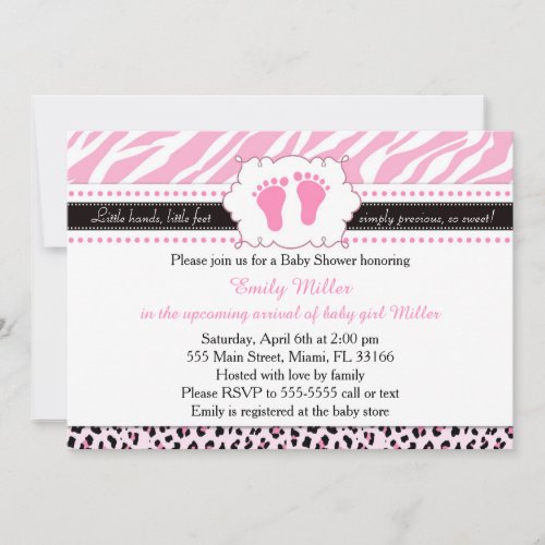 Pink Zebra Leopard Feet Baby Shower Invitation