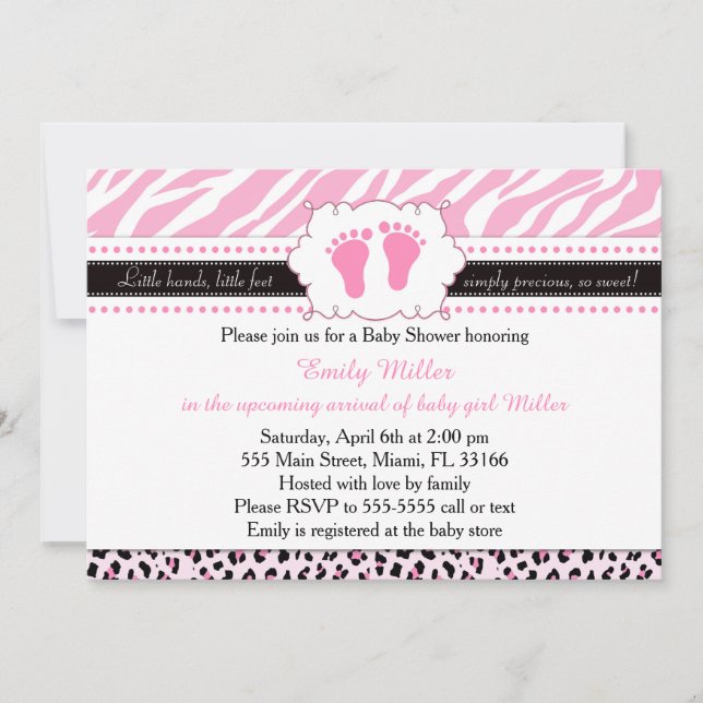 Pink Zebra Leopard Feet Baby Shower Invitation (Front)
