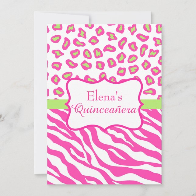Pink Zebra Leopard Skin Quinceañera Invitation (Front)