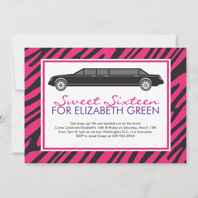 Pink Zebra Limosine Invitations (Front)