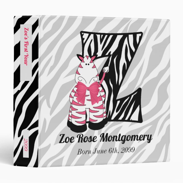 Pink Zebra Monogram Letter Z Baby Scrapbook Binder (Front/Spine)