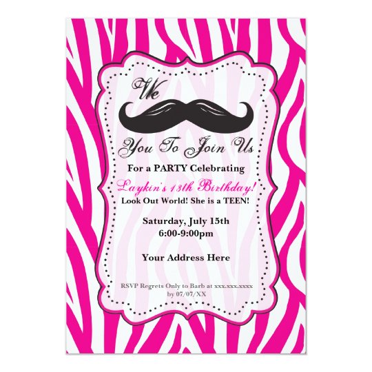 Pink Zebra Mustache Birthday Party Invitation Invitation Zazzle Com