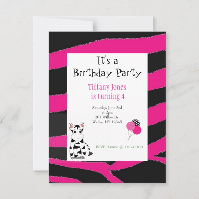 Pink Zebra Pattern Birthday Invitation (Front)