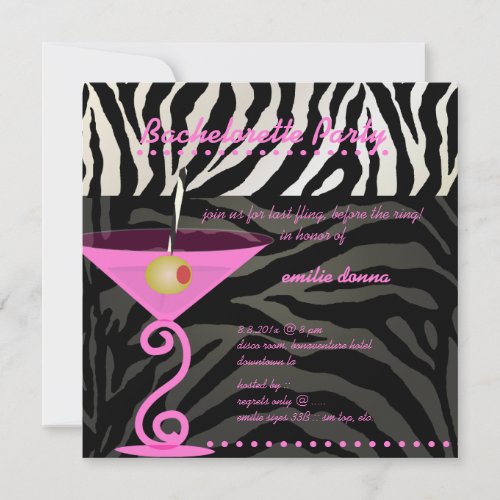 Pink Zebrapink martini Bachelorette Party Invitation