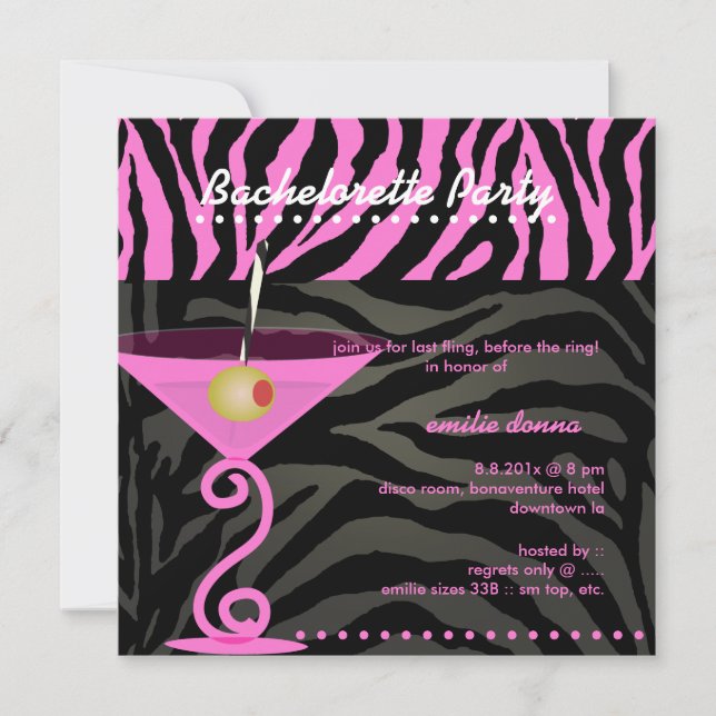 Pink Zebra/pink martini Bachelorette Party Invitation (Front)