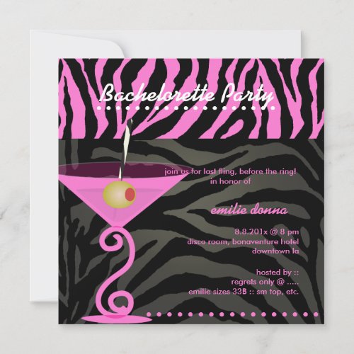 Pink Zebrapink martini Bachelorette Party Invitation
