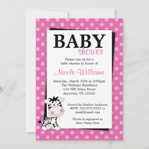 Pink Zebra Polka Dot Baby Shower Invitations