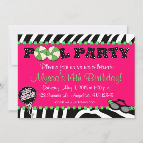 Pink Zebra Pool Party Birthday Invitation