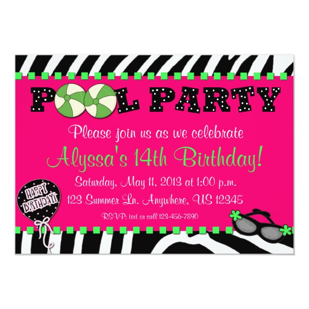 Pink Zebra Pool Party Birthday Invitation