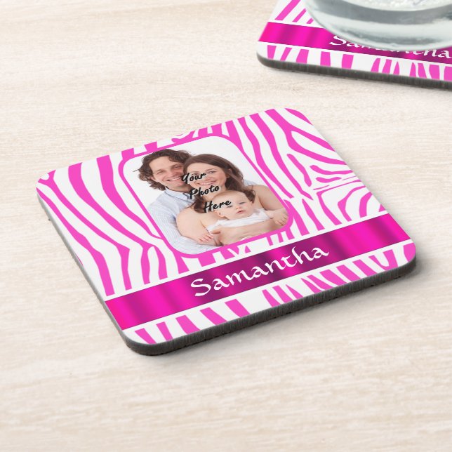Pink zebra print beverage coaster (Left Side)