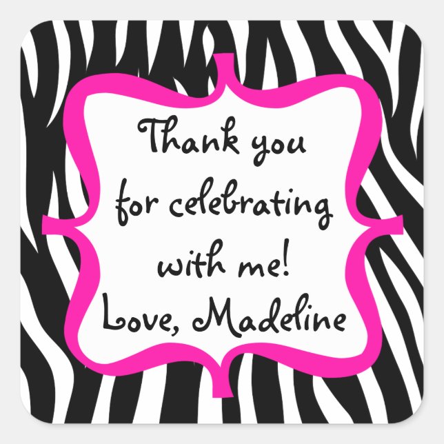 Pink Zebra Print Birthday Party Favor Square Sticker (Front)